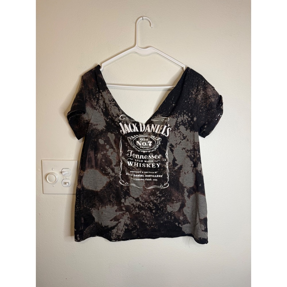 Jack Daniels Off Shoulder Acid Washed Distressed Tee Size L NWOT